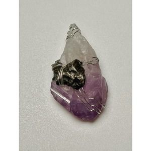 Amethyst and Meteorite Wire Wrapped Pendant Necklace 2"